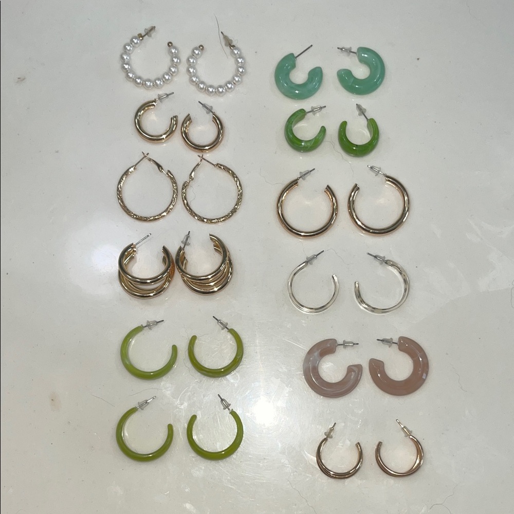 Elegant Hoop Earring Set - Gold, Silver, Green, Pearl